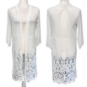 Womens Lace Sheer Duster Kimono Cover Up Cardigan Boho Size S White Festival Lon